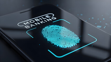 Mobile Banking Security Concept, Smartphone Screen with Fingerprint Scanner Biometric Authentication and Digital Touch ID, Secure Online Financial Transaction and Fintech Cyber Security Protection