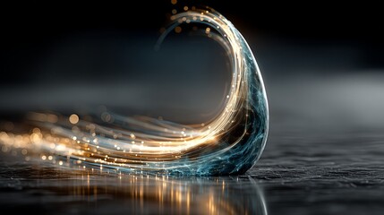 Abstract 3D rendered fluid light effect with golden and blue energy wave flowing on dark background. Futuristic concept illustration of speed, data transfer, and technology innovation for fiber optics