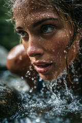 Vitality and Refreshment: Athlete Splashing Clear River Water on Face in Rocky Forest Stream