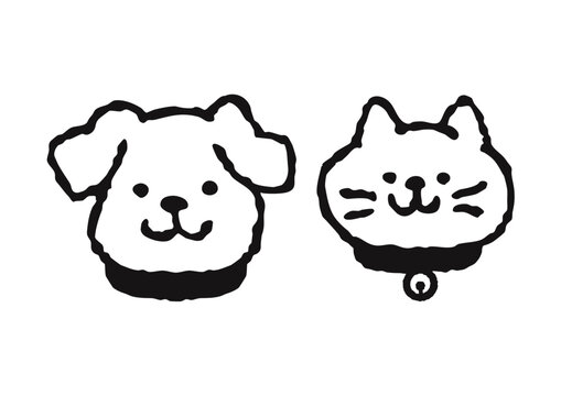 Cute dog and cat face line art illustration set, coloring page, black and white outline