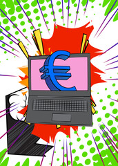 Cartoon Laptop, comic book Notebook with Euro Sign. Retro vector comics pop art design.