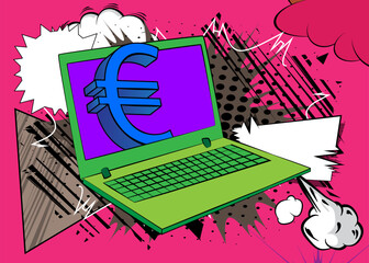 Cartoon Laptop, comic book Notebook with Euro Sign. Retro vector comics pop art design.