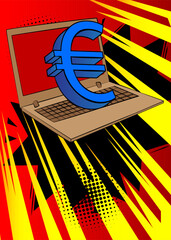 Cartoon Laptop, comic book Notebook with Euro Sign. Retro vector comics pop art design.