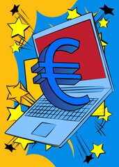 Cartoon Laptop, comic book Notebook with Euro Sign. Retro vector comics pop art design.