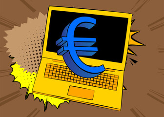 Cartoon Laptop, comic book Notebook with Euro Sign. Retro vector comics pop art design.