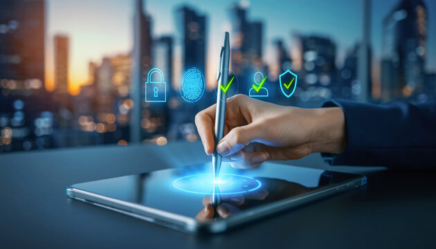 Digital Signature on Tablet with Cityscape Background. - Powered by Adobe
