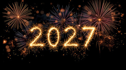 Happy New Year 2027 greeting card featuring a sparkler font and fireworks against a black night sky background.