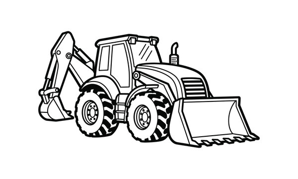 Backhoe loader and front loader on white background with black outline