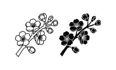 Cherry blossom branch vector set, sakura flower outline and silhouette design