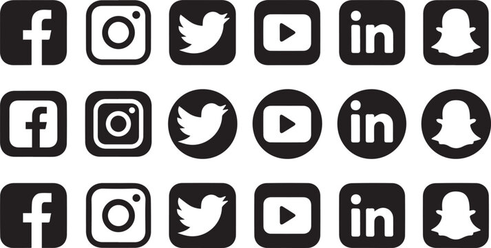 facebook instagram twitter linkedin youtube snapchat social media icons grid monochrome app logos vector