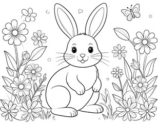 Line art of a bunny surrounded by flowers and a butterfly