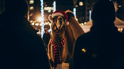 Obraz premium Camel wearing a Santa hat and festive scarf at a night market. Unique holiday tourism and winter events. Animal standing in a illuminated plaza with people silhouettes in foreground