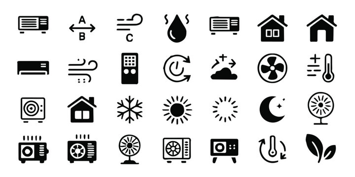 air conditioner flat line icons set for hvac and thermostat ui