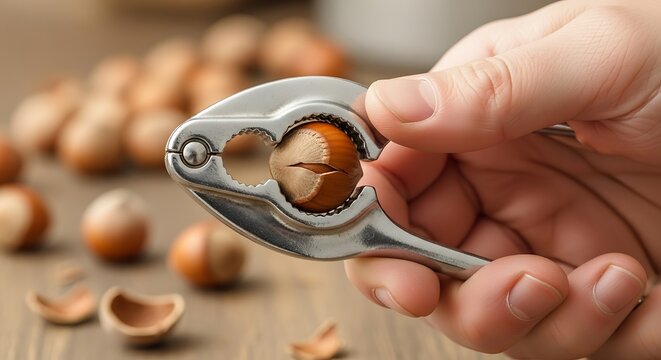 Hand holding nutcracker with hazelnut inside.