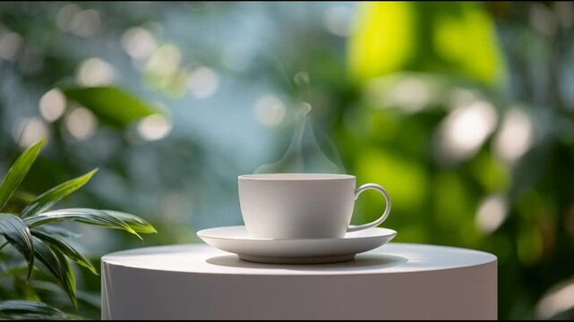 Steaming white coffee cup on saucer with lush green foliage background