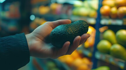 A first-person point-of-view (POV) shot of a customer's hands holding and selecting a fresh avocado in the produce section of a grocery store. Healthy eating and food shopping concept.