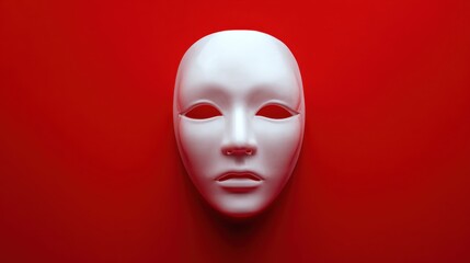 A white mask is positioned centrally on a vibrant red background. The mask has defined features and an expressionless look. The bold colors create a strong visual contrast.