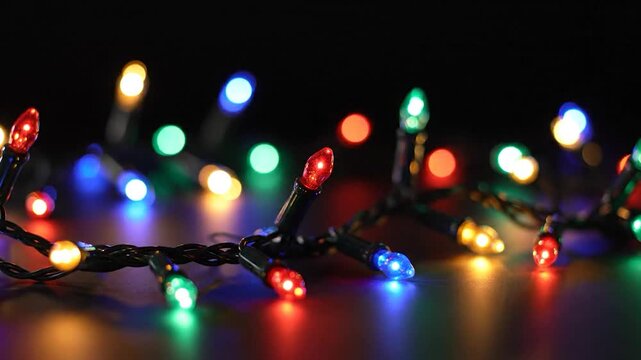 Multicolored string lights create a festive, glowing display against a dark background