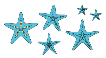 Set of decorative blue starfish with various dot and line patterns, illustrated in a simple hand-drawn style on a white background.