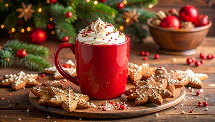 Cozy holiday scene; red mug of whipped cream-topped drink, cookies, and ornaments