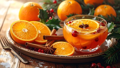 Festive holiday beverage with oranges, cinnamon, and cranberries on a decorative tray