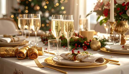 Festive dining table set for Christmas, champagne glasses, and holiday decorations