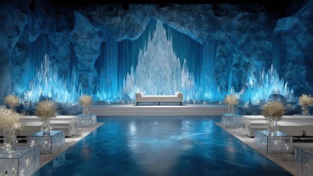 A fantastical, icy cavern interior with a stage, seating, and decorative elements