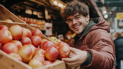 A happy young man carefully selects fresh red apples from a stall at a grocery store or farmer's market. Concept for healthy eating, fresh produce, nutrition, and conscious consumer choices.