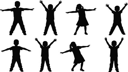 Black Silhouettes of Happy Children Group Jumping and Dancing with Arms Raised Isolated on White Background for Youth Celebration Design
