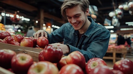 A happy young man carefully selects fresh red apples from a stall at a grocery store or farmer's market. Concept for healthy eating, fresh produce, nutrition, and conscious consumer choices.