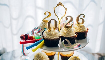 Festive New Year 2026 cupcakes with golden number toppers and party streamers on tiered stand