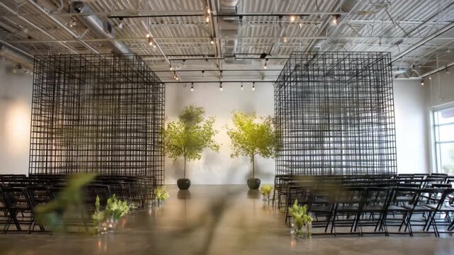 Interior with black grid structures, trees, chairs, and flowers for an event. The ceiling has exposed ductwork