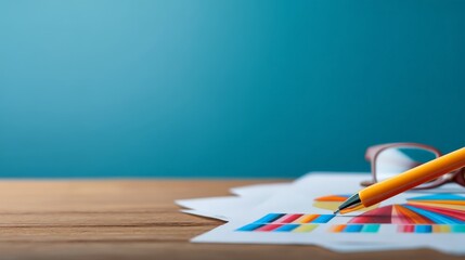 Desk with charts, a pencil, and glasses on a blue background.