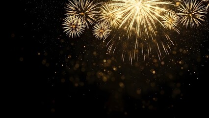 Bright golden fireworks exploding in a dark night sky with sparkling bokeh lights. Festive celebration background symbolizing joy, success, holidays, new year, and special events.