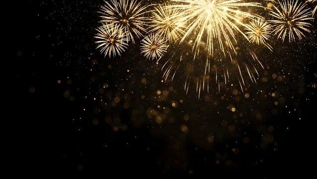 Bright golden fireworks exploding in a dark night sky with sparkling bokeh lights. Festive celebration background symbolizing joy, success, holidays, new year, and special events.