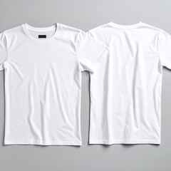 Blank white t-shirts, front and back, laid flat on a gray surface