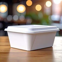 White food container on wooden table.  Blured restaurant background