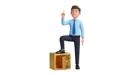 3D Business Man with Idea Pointer and Open Safe