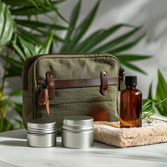 Olive-toned canvas travel kit with metal tins and amber bottle