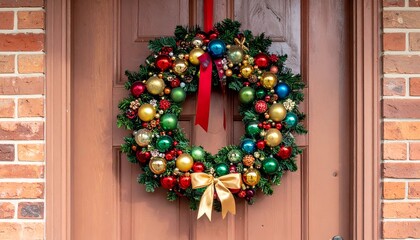 A festive holiday wreath adorned with colorful ornaments hangs on a brown door near brick