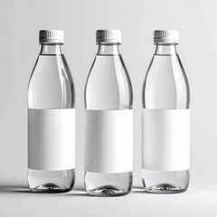 Three clear plastic water bottles with blank white labels (1)