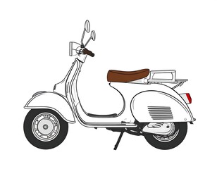 Line drawing of a classic Italian scooter, isolated on white