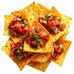 A pile of tortilla chips topped with salsa