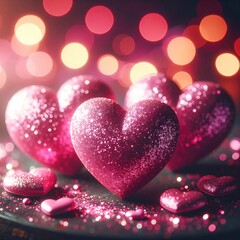 Pink glitter hearts on dark surface, bokeh background