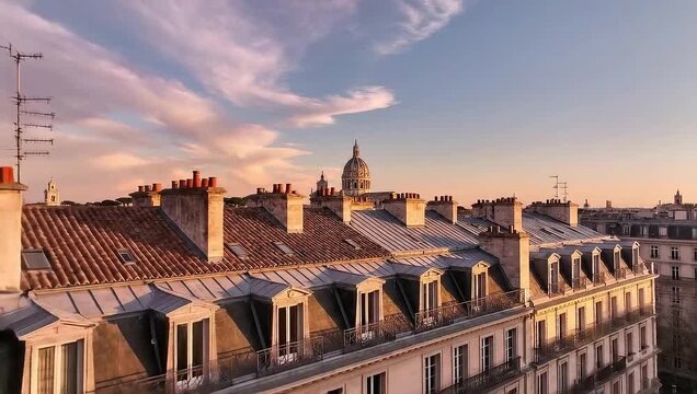 Rooftops of Paris at Sunset with Pantheon Dome in the Distance.