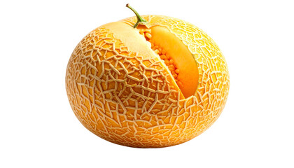 A ripe, round, golden melon with a slice removed, revealing the orange flesh