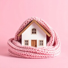 A miniature white house nestled in a pink knitted scarf, against a pink backdrop