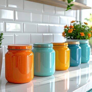 Colorful enamelware jars on a kitchen counter