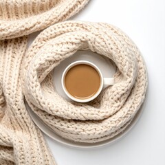 A cozy, warm scene of a coffee cup nestled within a cream-colored knitted scarf on a white plate,  against a white background