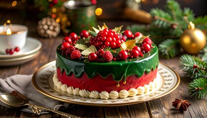 Festive glazed cake with red layers, topped with berries and gold accents